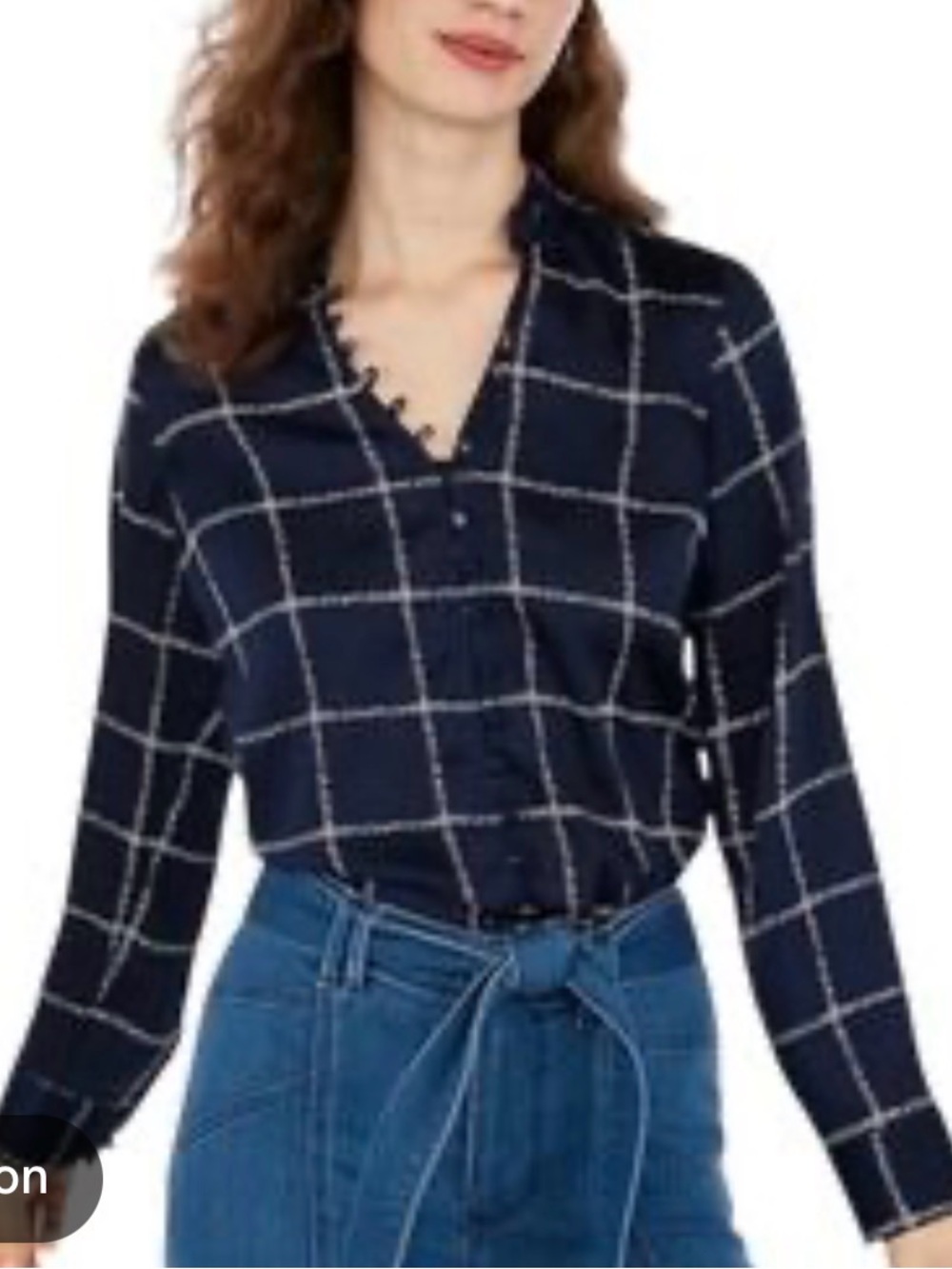 Express Navy and White Windowpane Ruffle-Trim Blouse - Medium Slim Fit